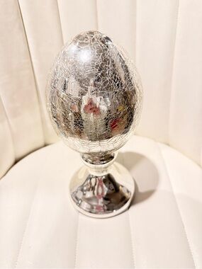 Silver Crackle Glass Egg Ornament on Pedestal - Home Art